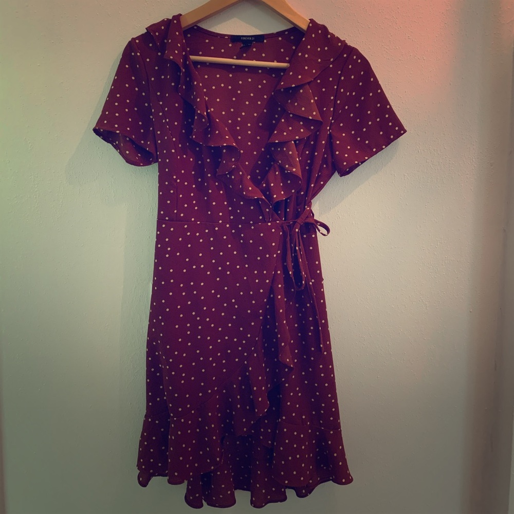 Polka dot ruffle wrap mini dress